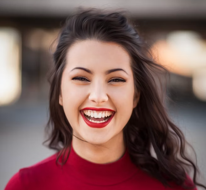 Smiling woman, red lipstick